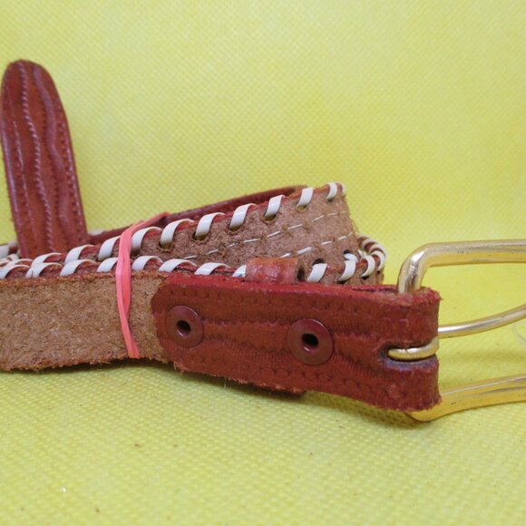 Seed Bead Tan Embossed Genuine Leather Belt Gold Tone Buckle Southwestern Beaded - Picture 6 of 6